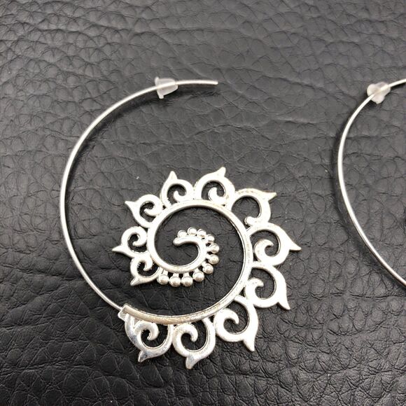 Spiral Hoop Earrings Silver Tone Fractal Curls - Picture 3 of 5